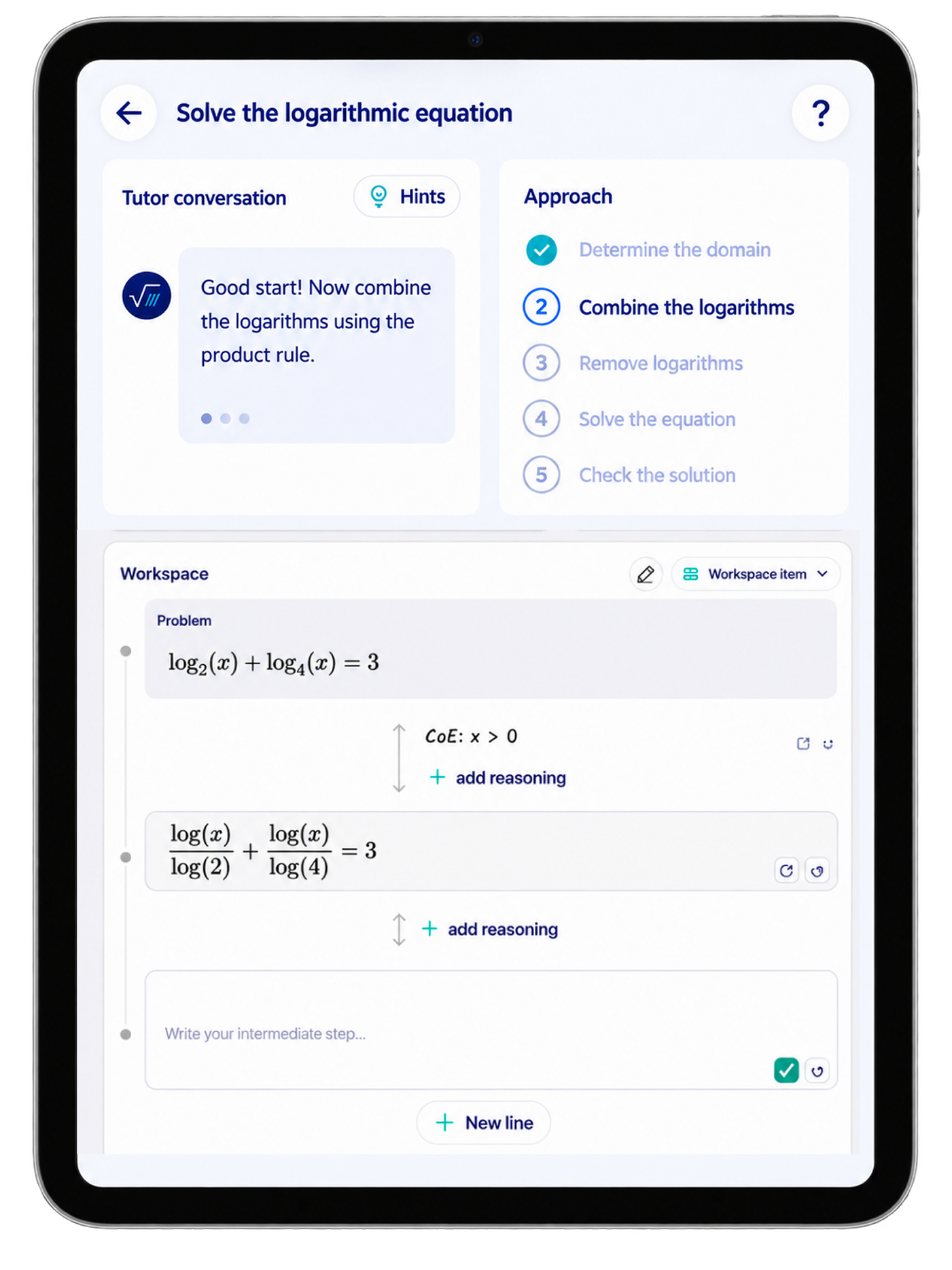 Screenshot of the Modus app: a logarithmic equation with handwritten steps and tutor guidance on a tablet.