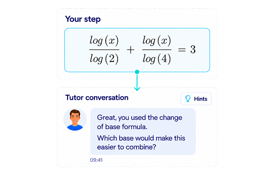 Screenshot of tutor feedback reacting to a student's handwritten logarithm step.