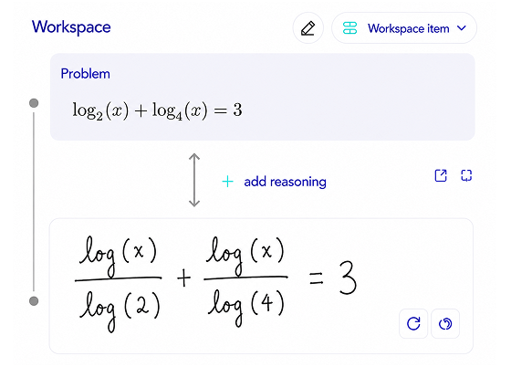 Screenshot of the Modus workspace: a logarithmic equation with handwritten intermediate steps on a tablet.
